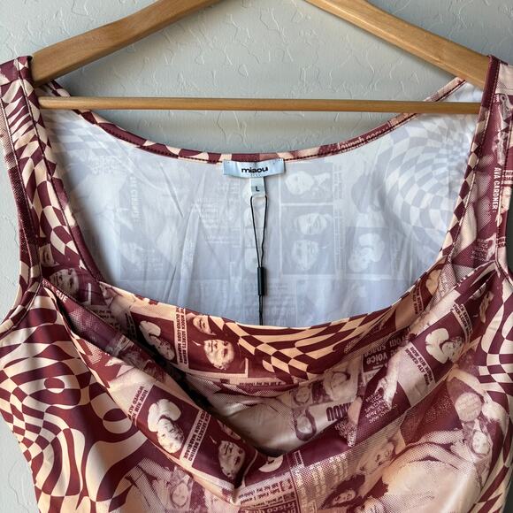 NEW Miaou Dress Ginger Red Wanted Magazine Print Draped Mini Dress Size L - Picture 4 of 10